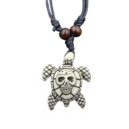 Collier Tortue Bois Tête de Mort Blanc