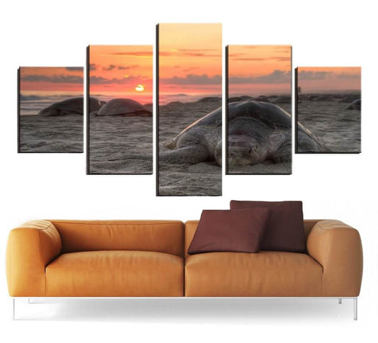 Tableau 5 pièces Tortue Coucher de Soleil