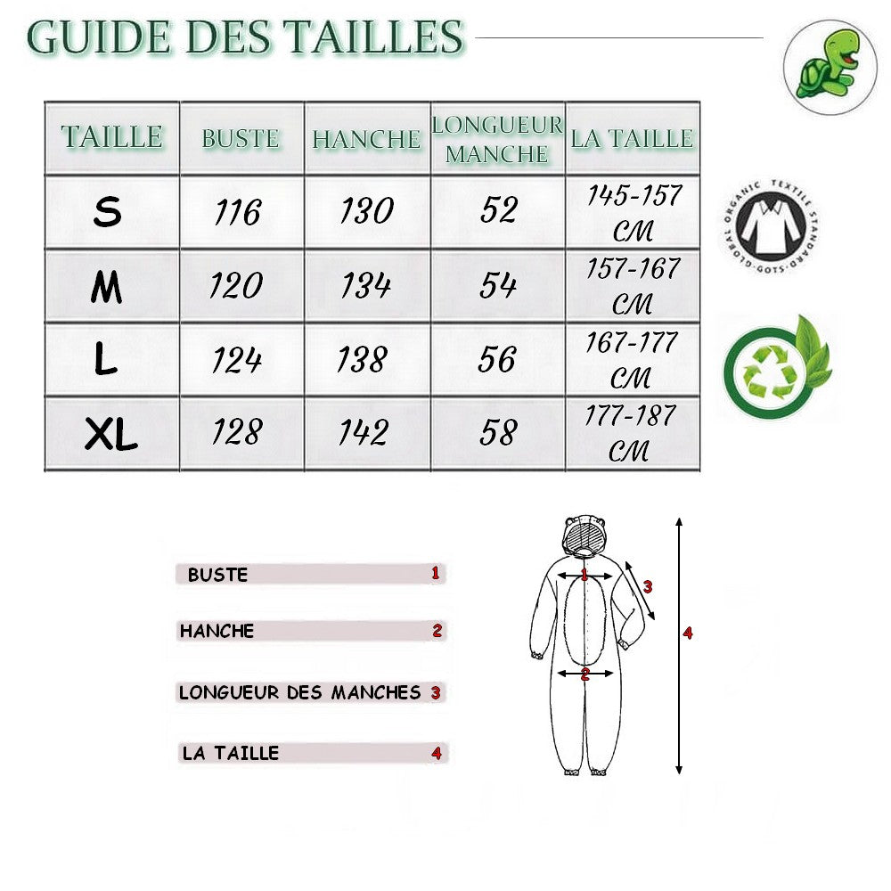 Guide des Tailles Pyjama Kigurumi Tortue modèle Moelleux