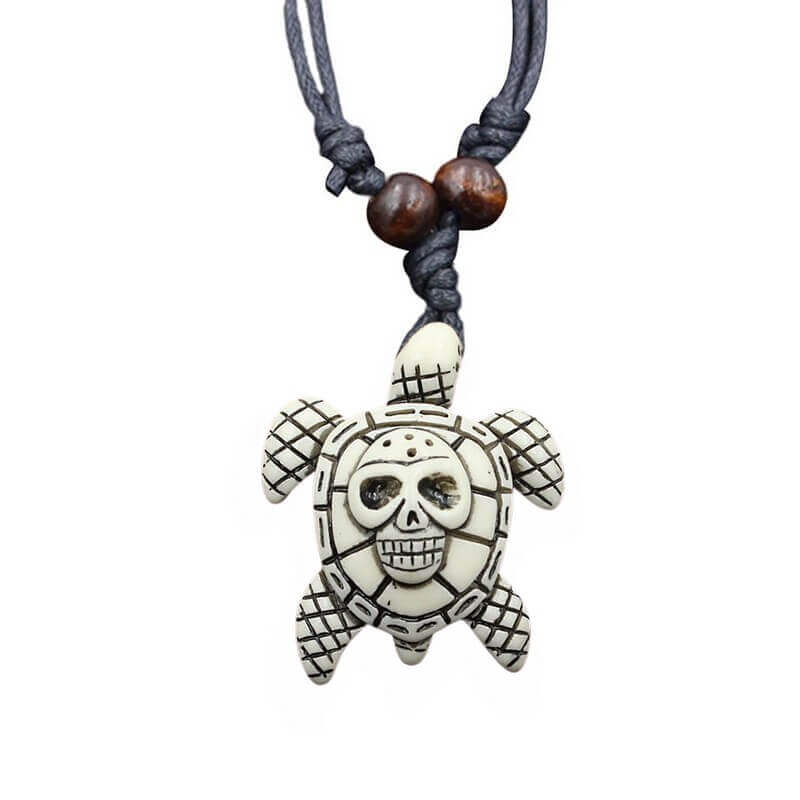 Collier Tortue Bois Tête de Mort Blanc